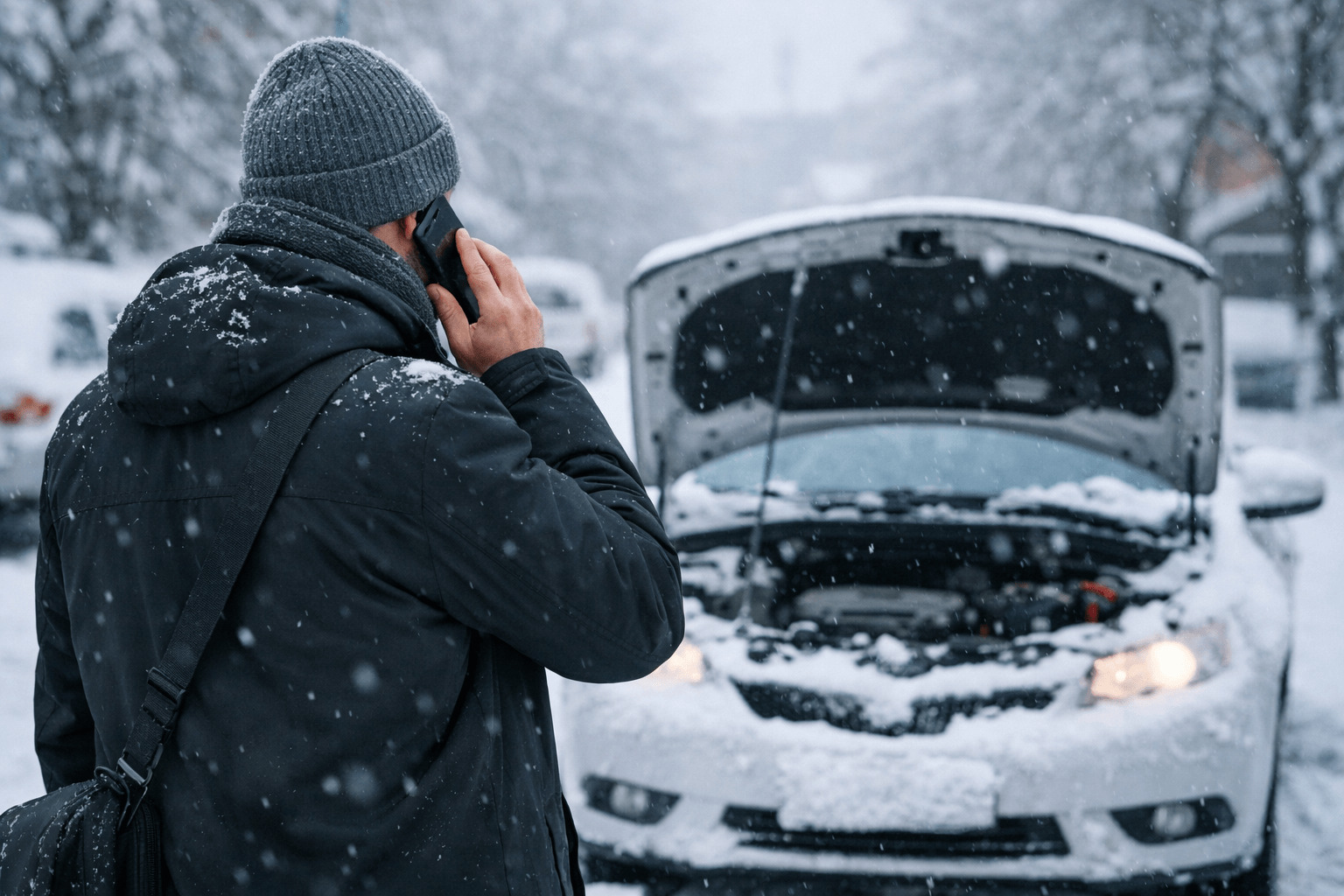 저주행 차량 관리가 필요한 겨울철, 눈 내린 아침 시동이 걸리지 않은 차 앞에서 전화하는 직장인 뒷모습