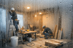 겨울 인테리어 공사 하자 원인인 결로와 습기가 맺힌 창문과 공사 현장 모습