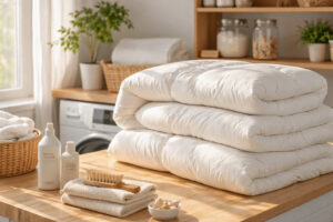 겨울 세탁 기준에 따라 완전히 건조된 이불과 울 전용 세제가 놓인 밝은 다용도실 모습