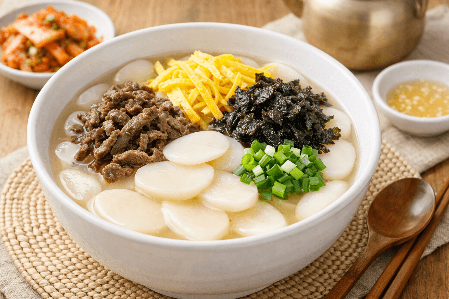 달걀지단과 소고기, 김가루, 파 고명이 풍성하게 올라간 떡국 한 그릇
