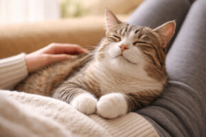 집사 무릎 위에서 눈을 감고 편안하게 골골거리는 고양이 골골송 모습