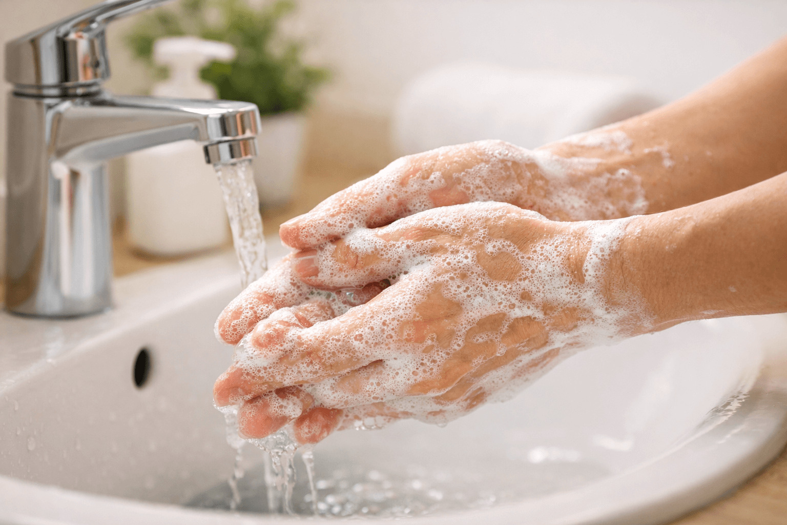 노로바이러스 예방을 위해 비누 거품으로 손을 깨끗하게 씻는 모습