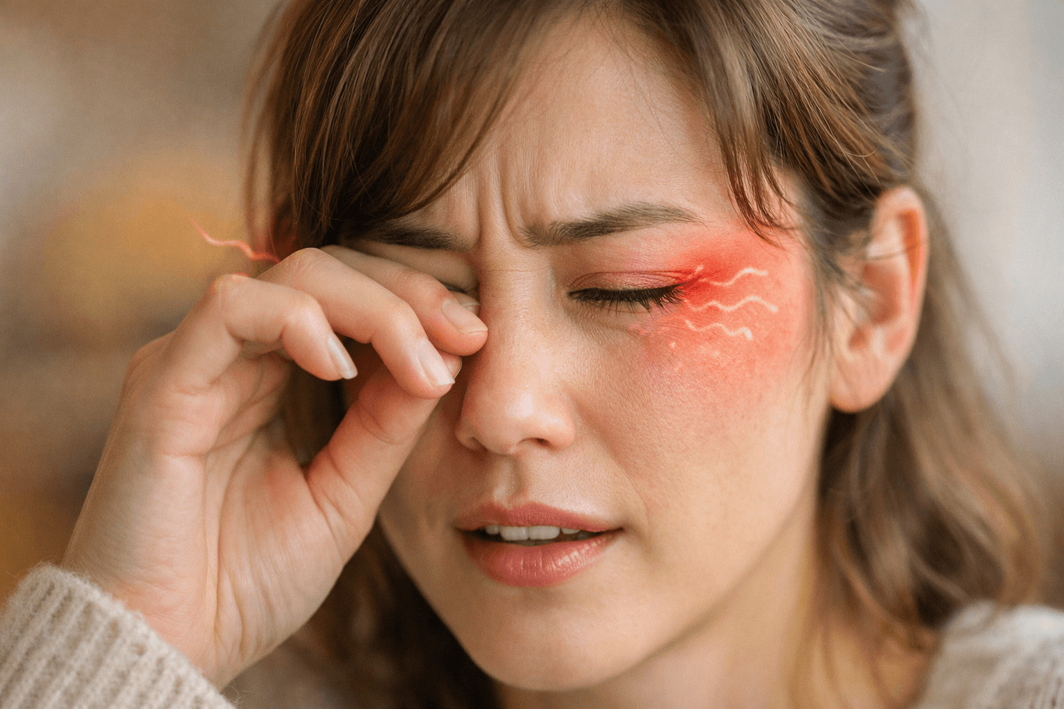 눈 비비는 습관이 눈 건강에 영향을 줄 수 있음을 보여주는 장면으로 눈이 가려워 손이 올라가는 순간을 표현한 사진