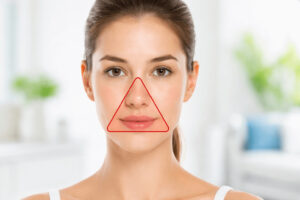 여드름 관리 시 주의가 필요한 코와 입 주변 삼각존을 붉은 선으로 표시한 얼굴 가이드