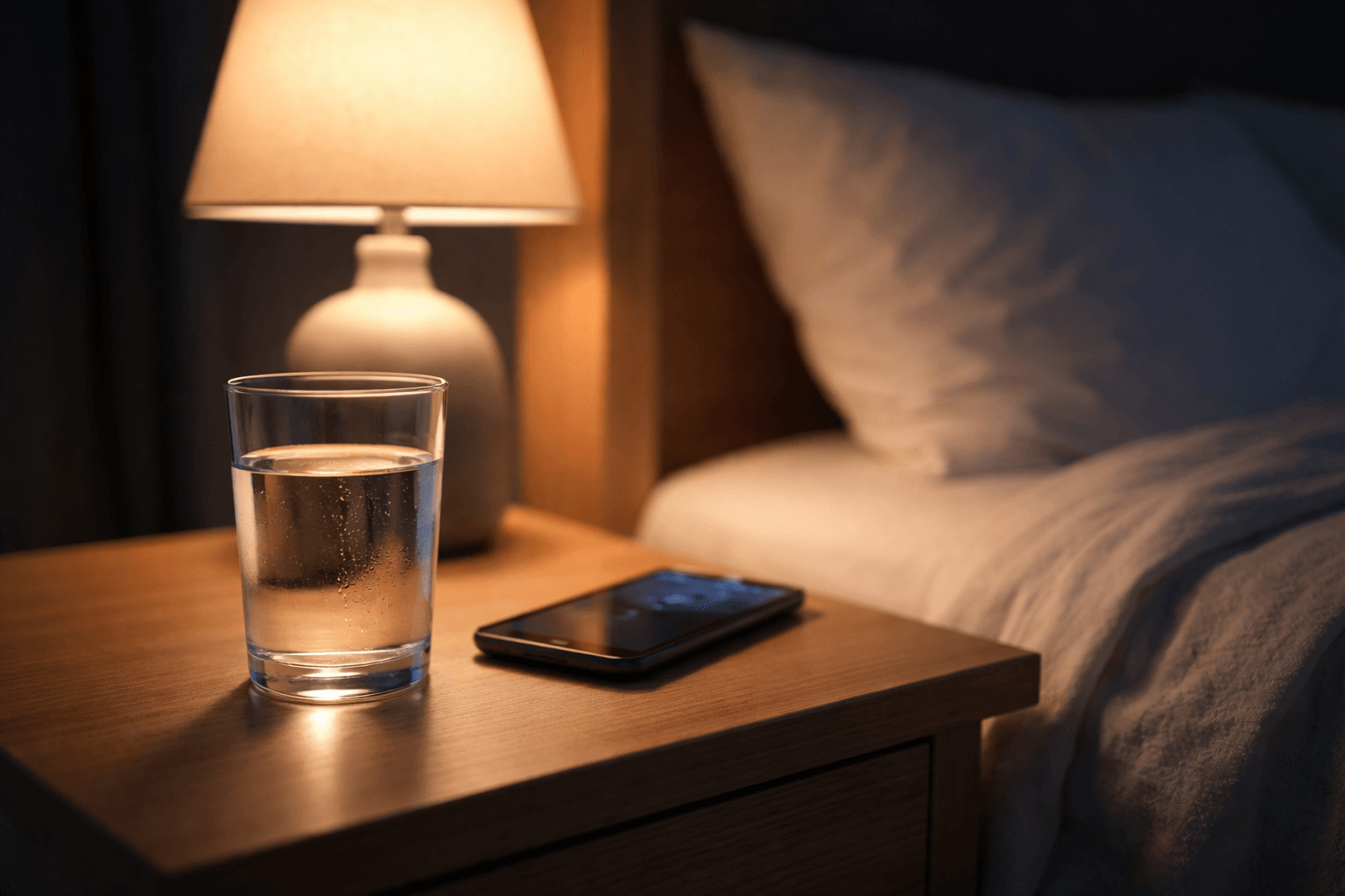 어두운 밤 침대 옆 협탁 위에 놓인 자기 전 물 한 컵과 스마트폰, 은은한 조명 아래 차분한 수면 준비 분위기