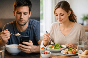 천천히 먹으면 포만감 인식이 달라지는 이유를 보여주는 사진으로, 스마트폰을 보며 식사하는 모습과 음식에 집중해 천천히 먹는 식사 습관의 차이를 비교