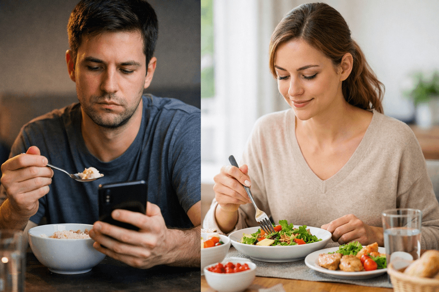 천천히 먹으면 포만감 인식이 달라지는 이유를 보여주는 사진으로, 스마트폰을 보며 식사하는 모습과 음식에 집중해 천천히 먹는 식사 습관의 차이를 비교