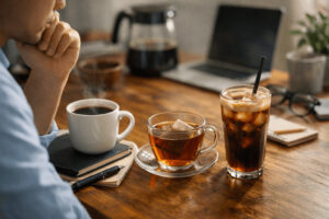 책상 위에 놓인 커피와 차 앞에서 물 대신 어떤 음료로 수분 보충을 할지 고민하는 사람의 일상적인 모습