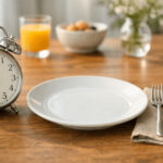 하루 세 끼 식사 시간의 기준을 상징하는 아날로그 시계와 빈 접시가 놓인 식탁