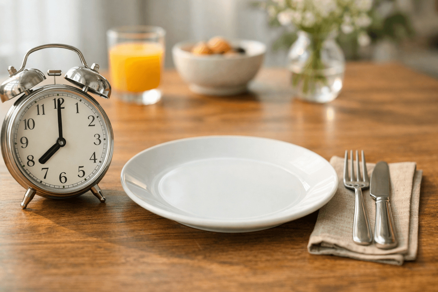하루 세 끼 식사 시간의 기준을 상징하는 아날로그 시계와 빈 접시가 놓인 식탁