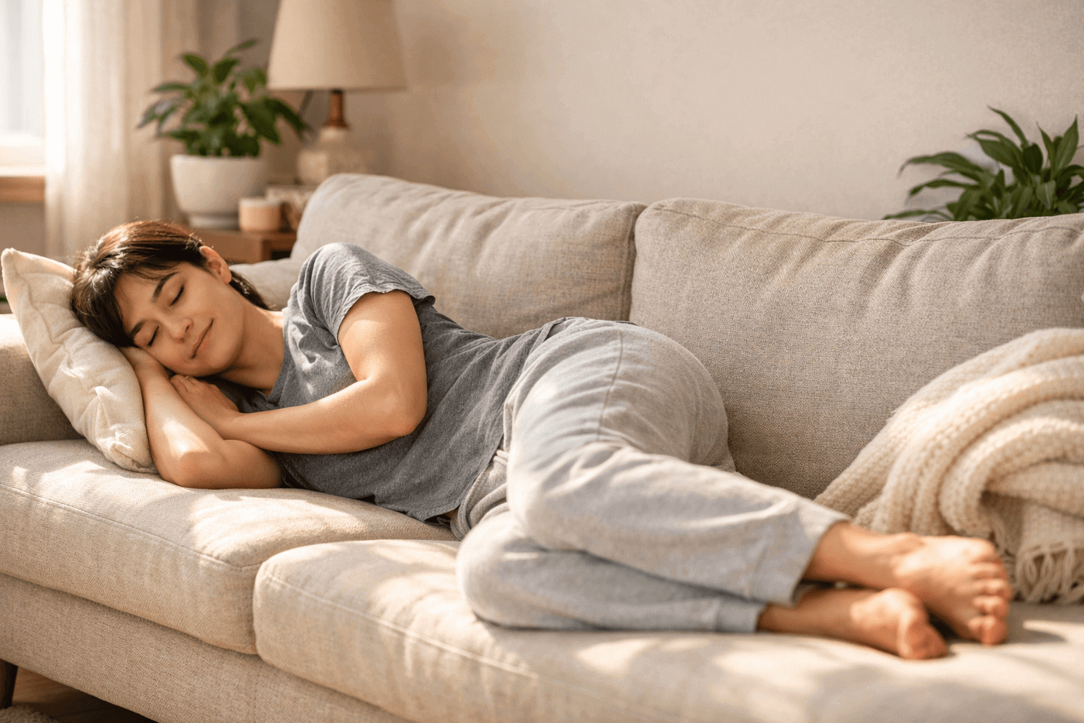 식후 바로 눕는 습관으로 햇살 드는 거실 소파에 편안하게 누워 휴식을 취하는 사람의 모습