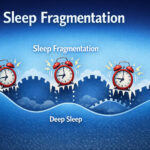 알람을 여러 개 설정해 깊은 수면 곡선이 반복적으로 끊기는 모습을 표현한 수면 분절 인포그래픽