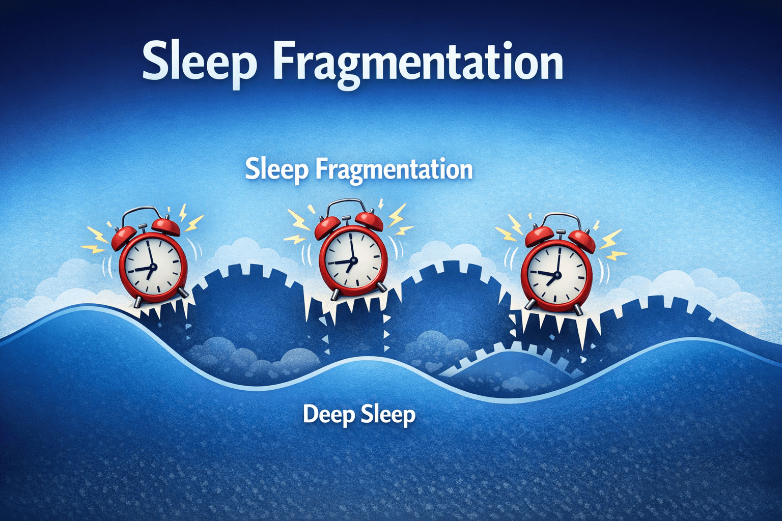 알람을 여러 개 설정해 깊은 수면 곡선이 반복적으로 끊기는 모습을 표현한 수면 분절 인포그래픽