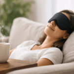 김이 모락모락 나는 커피 옆에서 안대를 쓰고 편안하게 낮잠을 자는 모습, 낮잠 효과와 커피 냅의 관계를 상징하는 장면