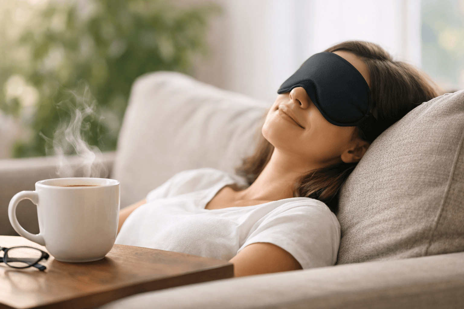 김이 모락모락 나는 커피 옆에서 안대를 쓰고 편안하게 낮잠을 자는 모습, 낮잠 효과와 커피 냅의 관계를 상징하는 장면