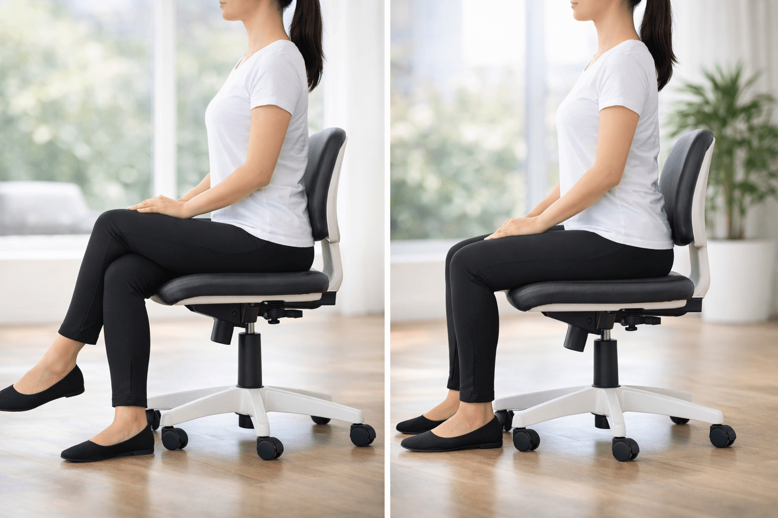 다리 꼬고 앉는 습관과 양발을 바닥에 둔 바른 자세를 비교