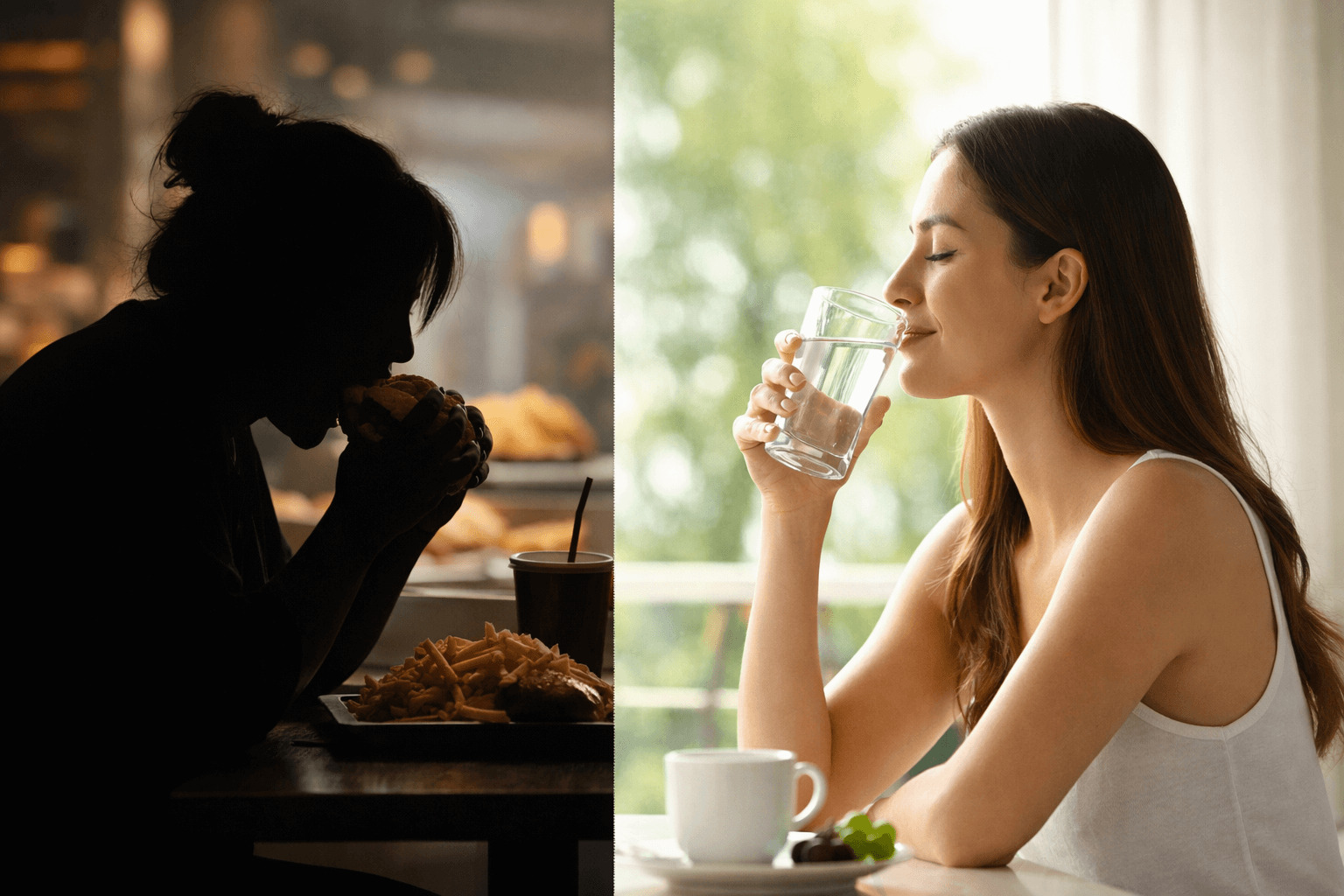아침 거르면 점심 폭식으로 이어지는 경우와, 아침을 거르고도 물을 마시며 안정적인 하루를 시작하는 경우를 대비