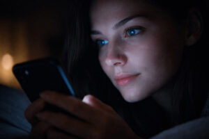 밤에 스마트폰을 보는 사람의 얼굴에 푸른 화면 빛이 비치는 모습, 스마트폰 시력 저하와 눈 피로를 설명