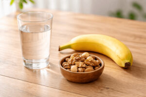 배고플 때 위 자극을 줄이기 위한 물 한 잔과 바나나, 견과류가 놓인 밝은 테이블 위