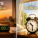 주말 늦잠으로 평일과 다른 기상 시간을 보여주는 7시와 10시 30분 알람 시계 비교