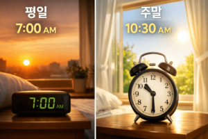 주말 늦잠으로 평일과 다른 기상 시간을 보여주는 7시와 10시 30분 알람 시계 비교