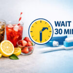 산성 음식(탄산음료, 레몬) 옆에 30분 대기 시계를 배치한 이미지로, 양치 하루 3번보다 식후 타이밍 관리가 중요함을 설명하는 장면