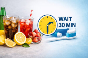 산성 음식(탄산음료, 레몬) 옆에 30분 대기 시계를 배치한 이미지로, 양치 하루 3번보다 식후 타이밍 관리가 중요함을 설명하는 장면