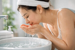 세면대에서 손으로 물을 떠 얼굴에 가져가는 모습으로 표현된 찬물 세안 장면