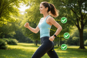 공원에서 운동복을 입은 사람이 바른 자세로 걷는 모습과 함께 하루 만 보 걷기 운동 자세를 체크 표시로 설명