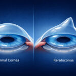 눈 비비는 습관과 관련된 각막 변화 비교 이미지로, 정상 각막과 원추각막(Keratoconus)의 형태 차이를 보여주는 일러스트