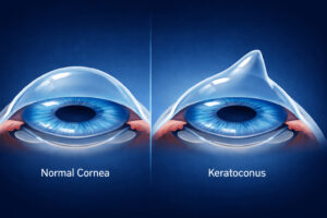 눈 비비는 습관과 관련된 각막 변화 비교 이미지로, 정상 각막과 원추각막(Keratoconus)의 형태 차이를 보여주는 일러스트