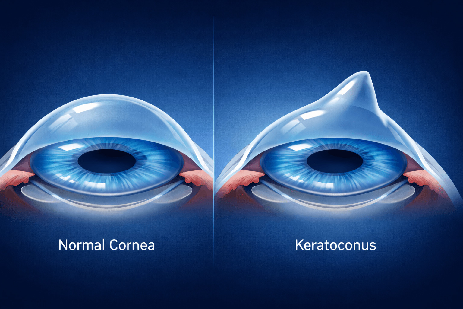 눈 비비는 습관과 관련된 각막 변화 비교 이미지로, 정상 각막과 원추각막(Keratoconus)의 형태 차이를 보여주는 일러스트