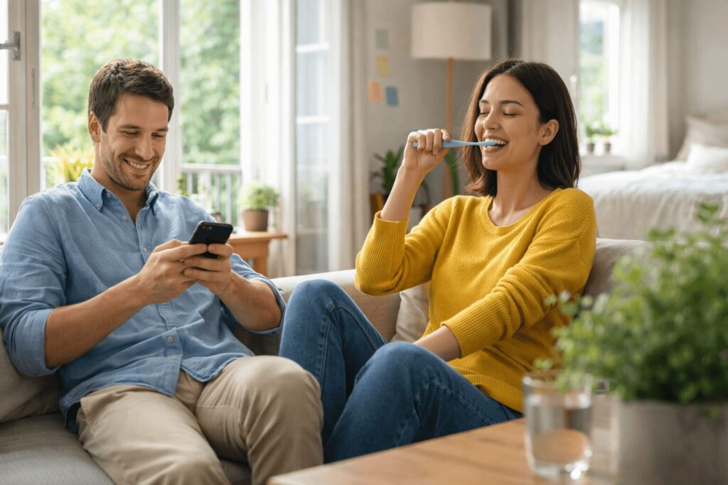 생활 습관 건강을 보여주는 밝은 실내 공간에서 휴식과 양치 습관을 실천하는 일상 장면