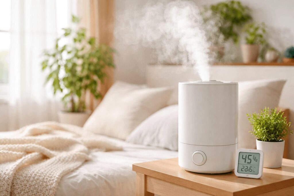 밝은 침실에서 가습기가 작동하며 실내 습도를 약 45%로 유지하는 모습, 가습기 감기 예방과 적정 습도 환경을 설명