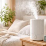 밝은 침실에서 가습기가 작동하며 실내 습도를 약 45%로 유지하는 모습, 가습기 감기 예방과 적정 습도 환경을 설명