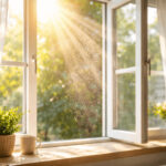 햇살이 들어오는 창문과 공기 중 먼지가 보이는 실내 장면, 하루 환기의 중요성을 보여주는 실내 공기 환기