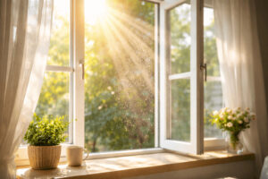 햇살이 들어오는 창문과 공기 중 먼지가 보이는 실내 장면, 하루 환기의 중요성을 보여주는 실내 공기 환기