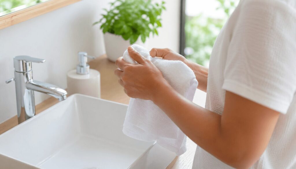 손 위생 관리를 위해 밝은 욕실 세면대 앞에서 깨끗한 흰 수건으로 손씻기 후 물기를 제거하는 장면