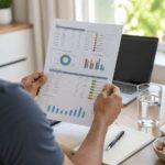 건강검진 결과를 확인하기 위해 책상에 앉아 결과표를 살펴보며 생활 습관과 주요 수치를 점검하는 사람의 뒷모습