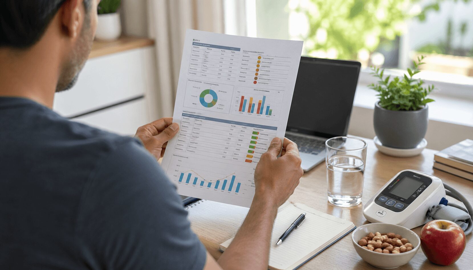건강검진 결과를 확인하기 위해 책상에 앉아 결과표를 살펴보며 생활 습관과 주요 수치를 점검하는 사람의 뒷모습