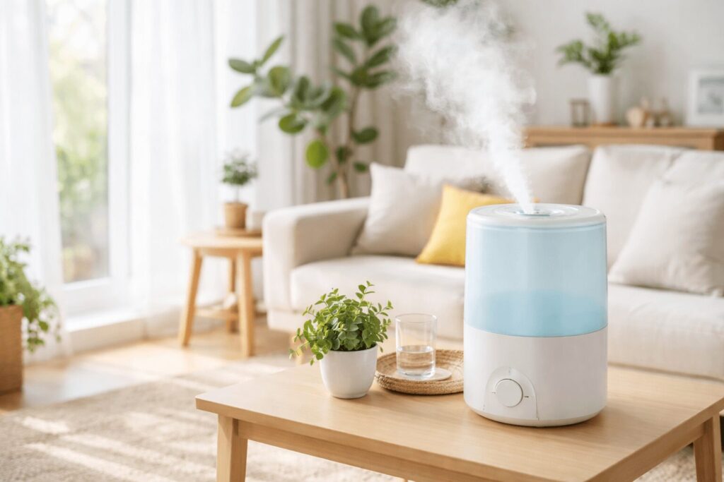 실내 적정 습도 유지에 도움이 되는 가습기 사용과 밝은 거실 환경