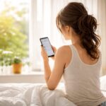 아침에 침대에서 일어나 스마트폰을 확인하는 모습, 아침 스마트폰 습관과 하루 리듬을 보여주는 장면