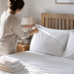 베개 커버 세탁을 위해 밝은 침실에서 흰 베개 커버를 교체하며 침구를 정리하는 장면