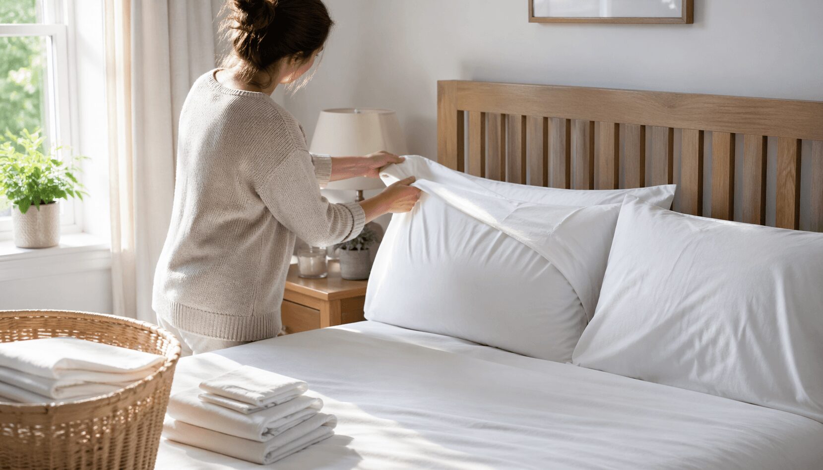 베개 커버 세탁을 위해 밝은 침실에서 흰 베개 커버를 교체하며 침구를 정리하는 장면