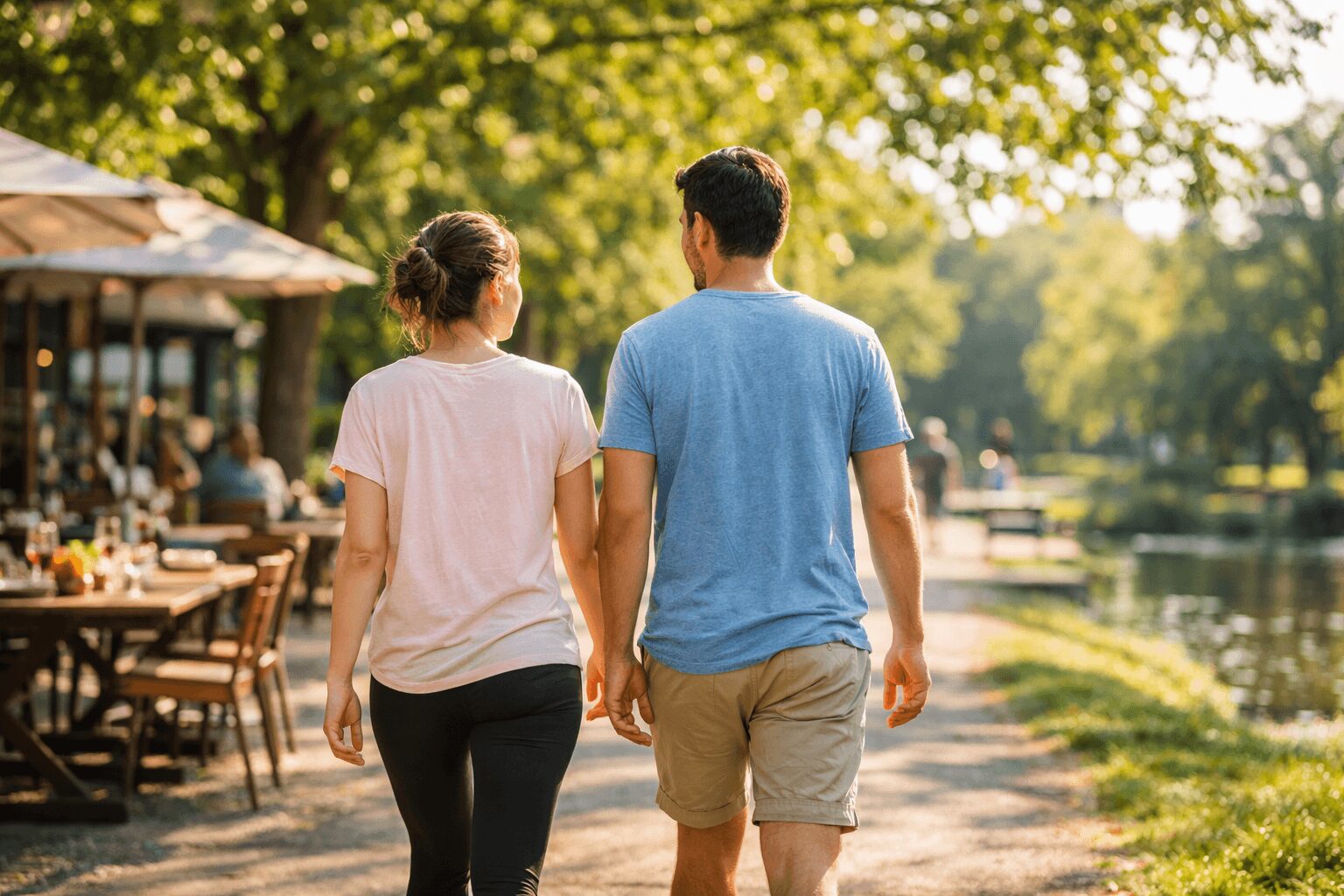 식사 후 공원 길을 따라 10분 걷기를 하는 두 사람의 뒷모습