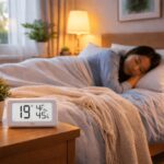 방 온도 19도와 습도 45%가 표시된 온습도계 옆으로 밝고 편안한 침실에서 잠든 사람이 보이는 숙면 환경