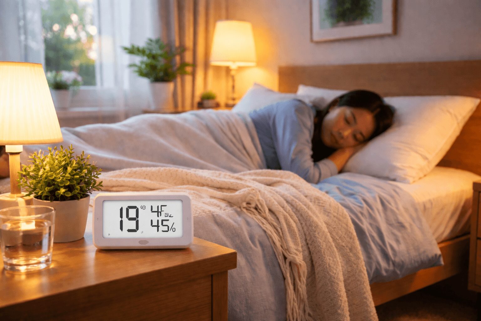 방 온도 19도와 습도 45%가 표시된 온습도계 옆으로 밝고 편안한 침실에서 잠든 사람이 보이는 숙면 환경