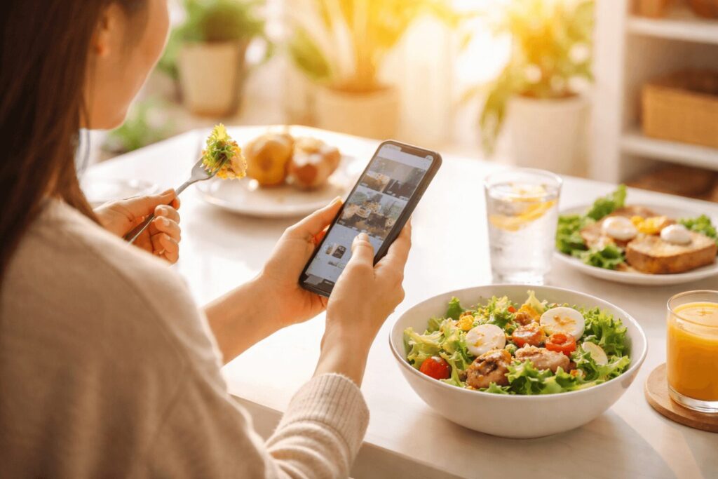 식사 중 스마트폰을 보며 밝은 테이블에서 혼자 샐러드를 먹는 사람의 모습