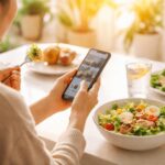 식사 중 스마트폰을 보며 밝은 테이블에서 혼자 샐러드를 먹는 사람의 모습