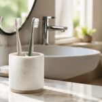 밝은 욕실 세면대 위에서 두 개의 칫솔이 서로 닿지 않게 세워진 칫솔 보관 모습